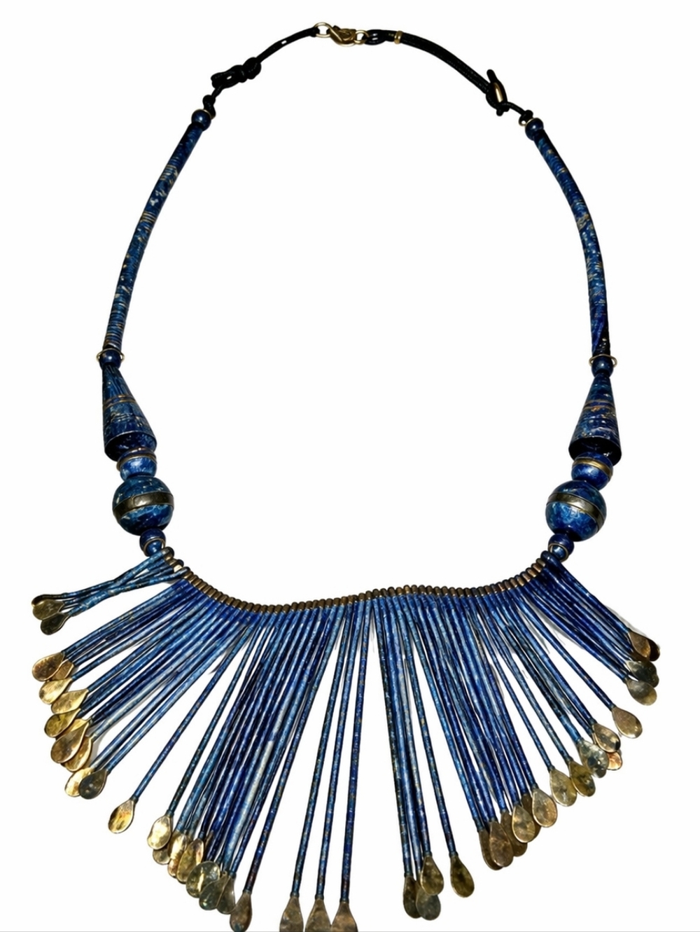 Handmade‎ Navy Blue Gold TRIBAL BRASS Bib Necklace Graduated Tassels 20 "Long